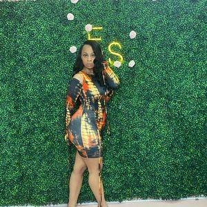 Black, Orange, and Yellow Off Shoulder Dress